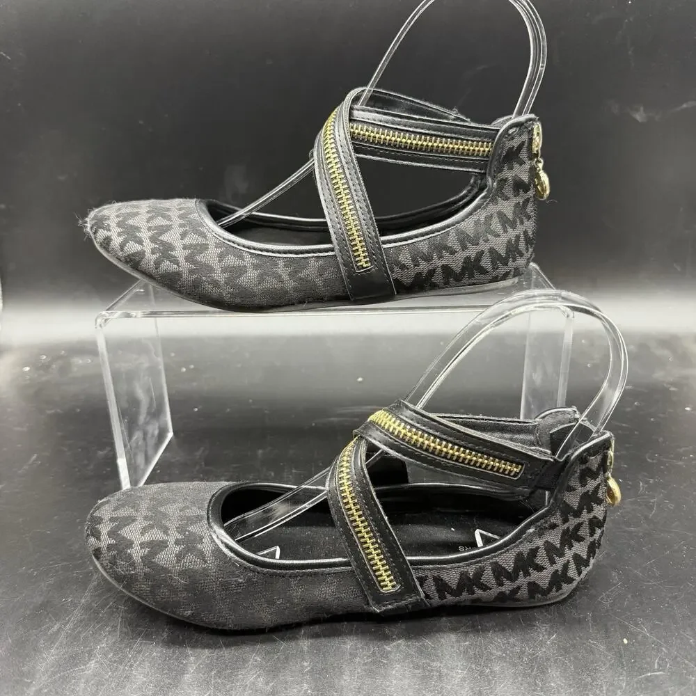 Michael Kors Strappy Zaza Ballet Flats Girls Size 2 Black Logo Designer